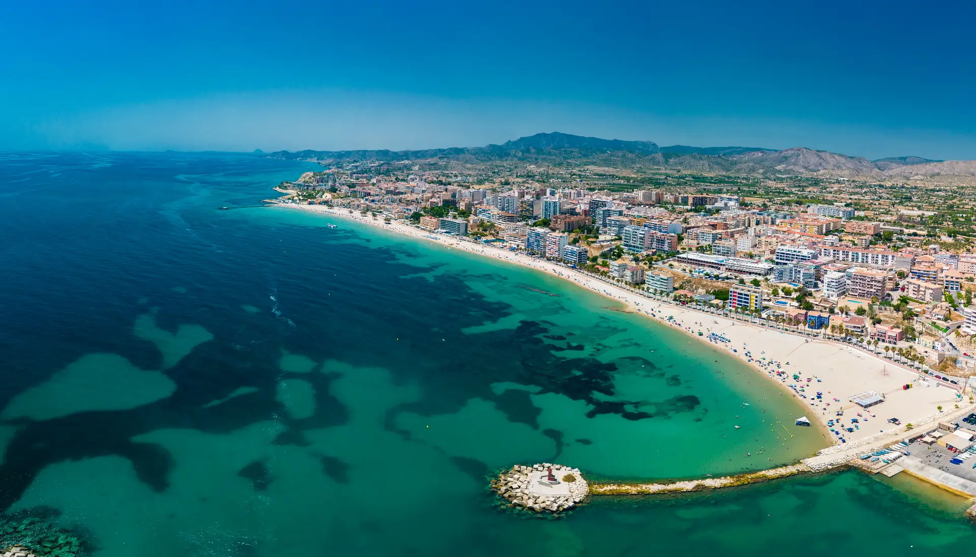 Aerial drone view of La Vila Joiosa Villajoyosa, near Alicante, Costa Blanca, Spain